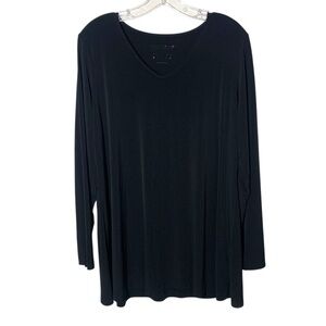 Susan Graver Women Liquid Knit V-Neck Top Large Black Blouse Tunic Long Sleeve